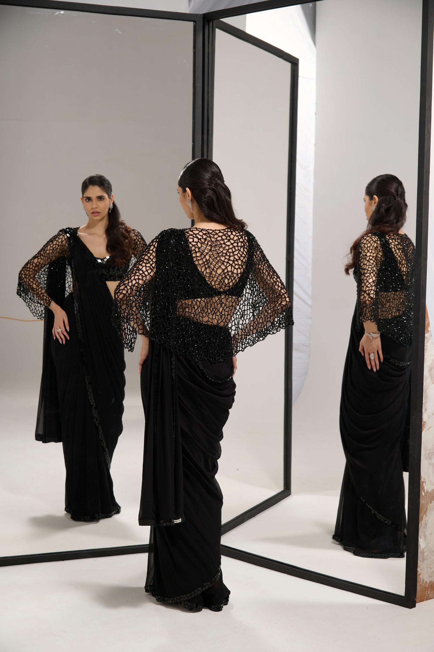 Black mirror saree set with
crystal cape