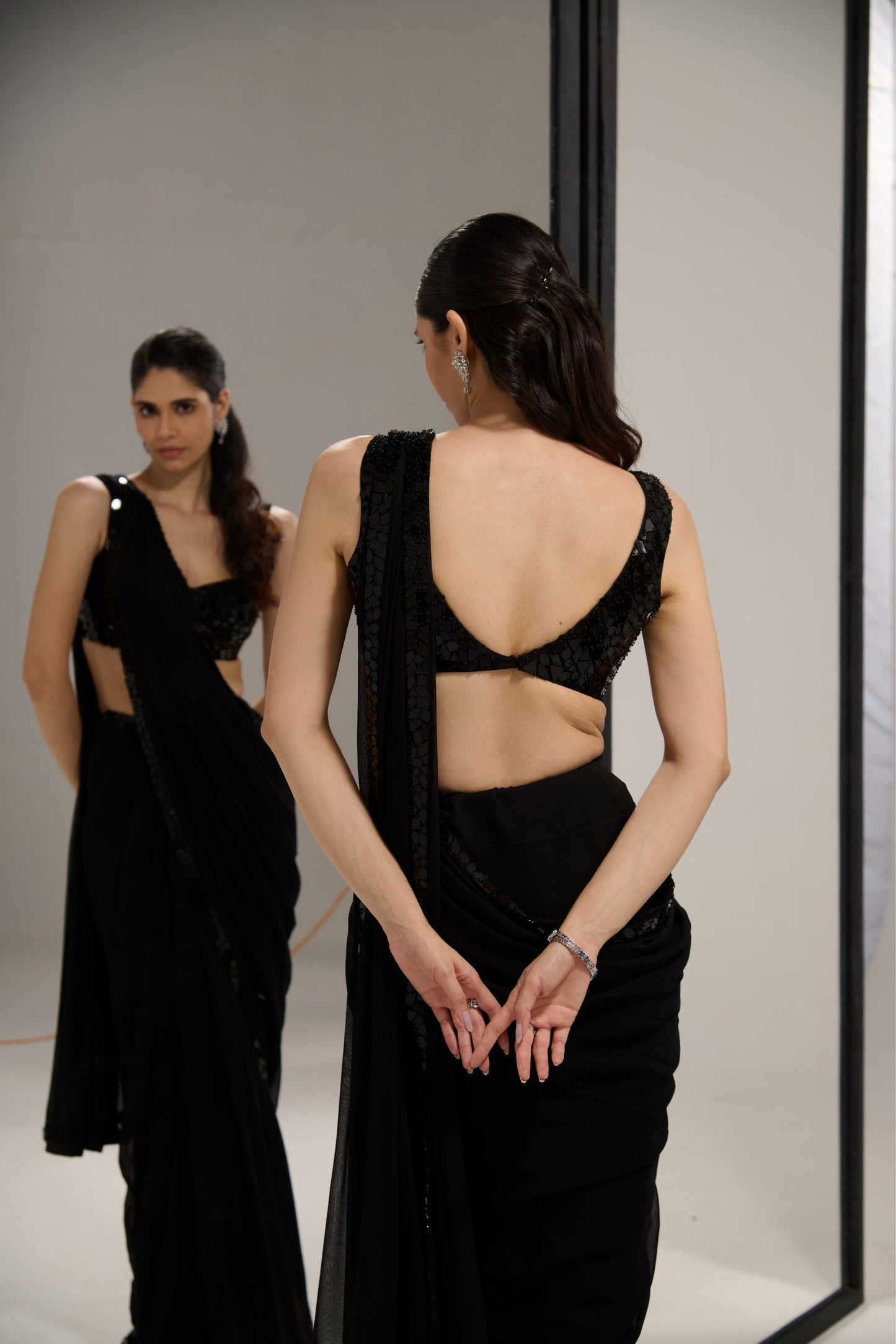 Black mirror saree set with
crystal cape
