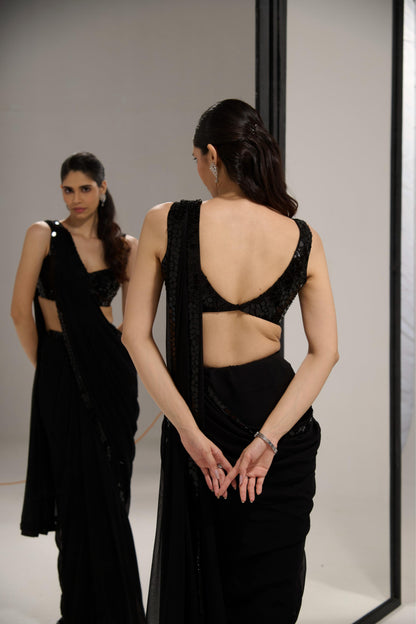 Black mirror saree set with
crystal cape