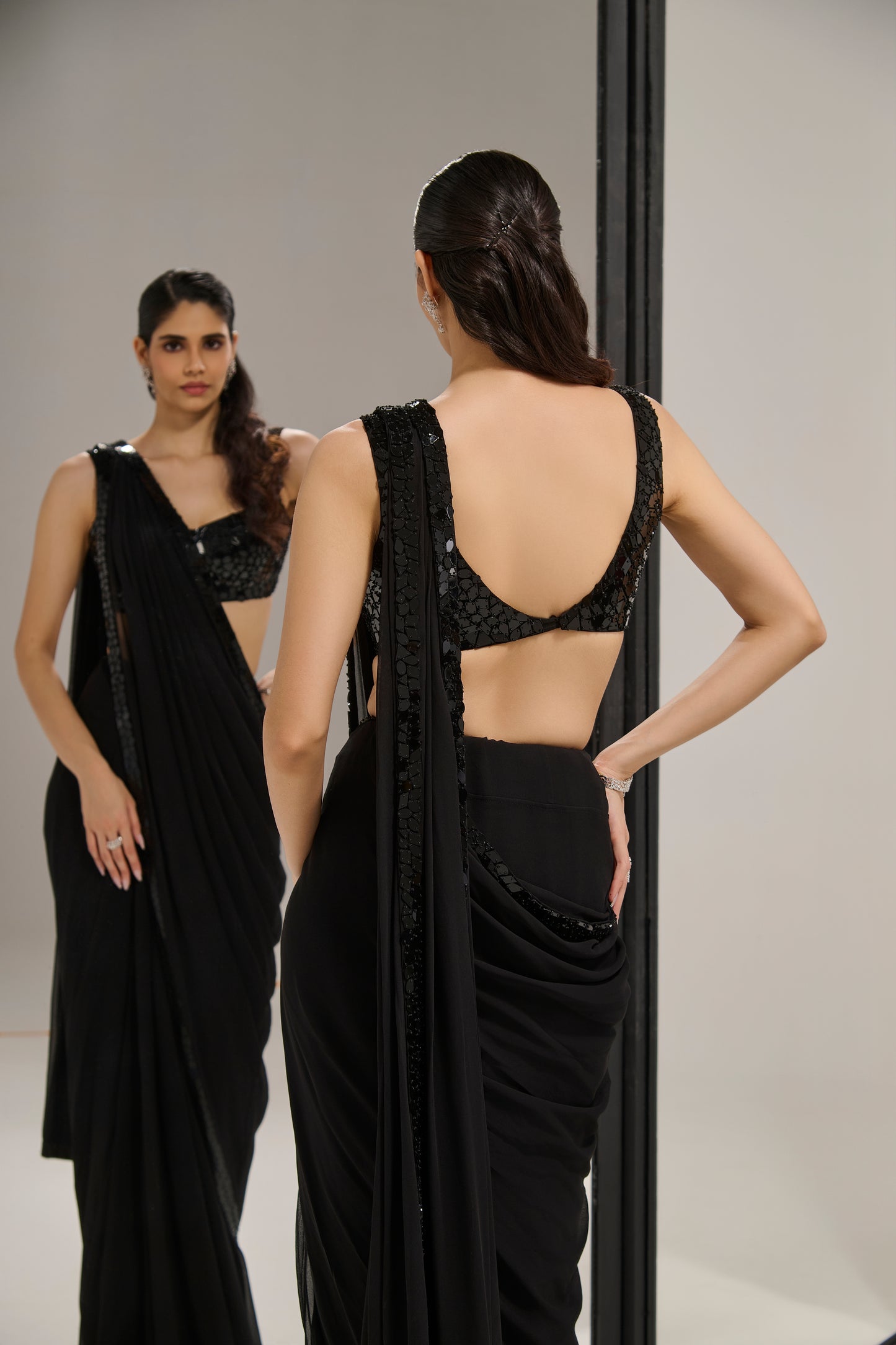 Black mirror saree set with
crystal cape