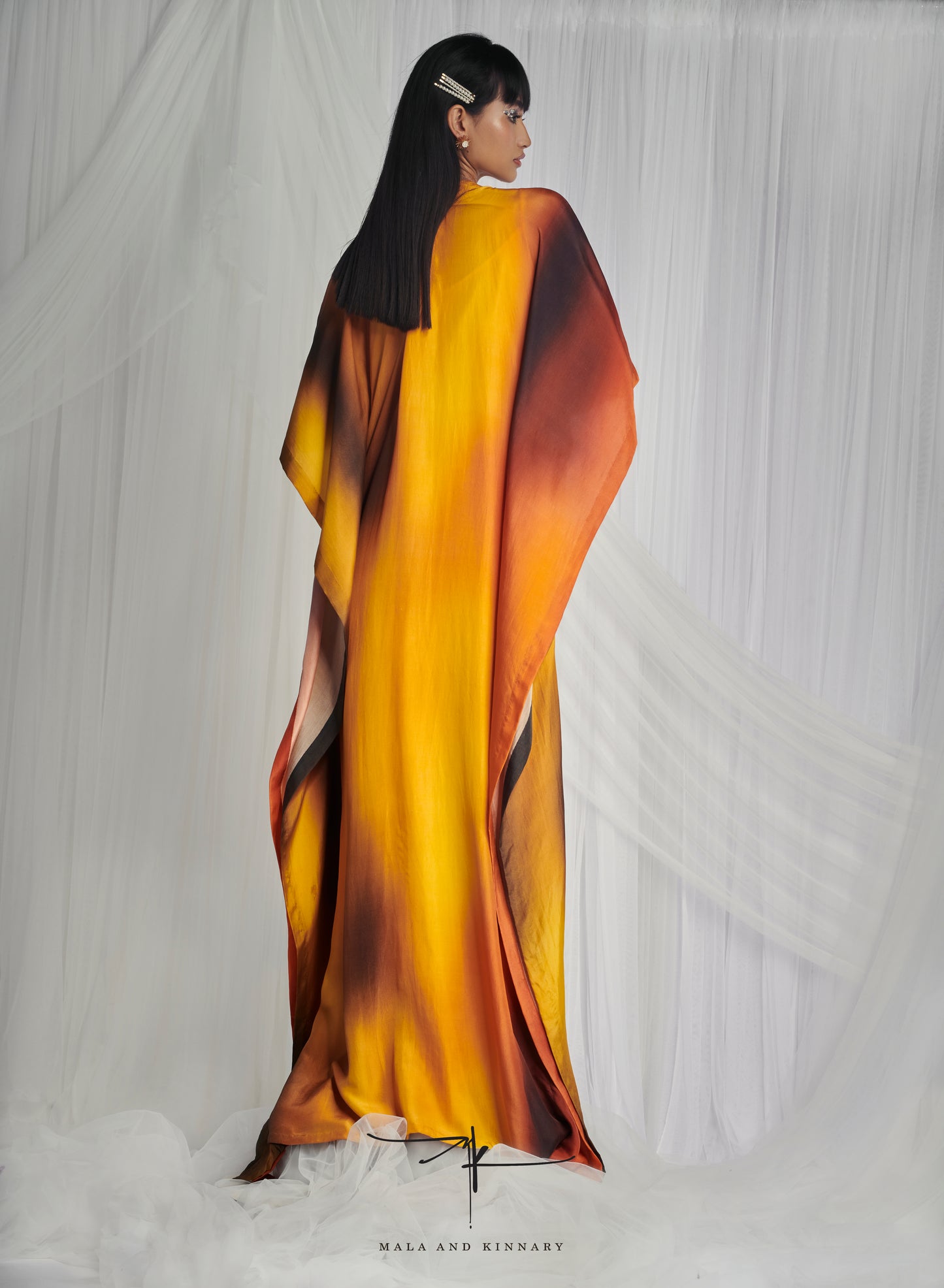 Yellow Habutai Silk Dyed & Embroidered Kaftan