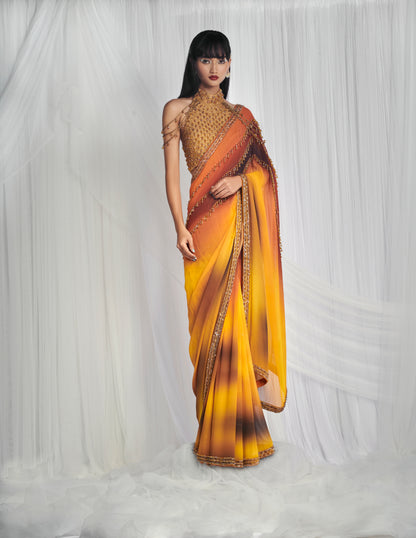 Yellow Ombre Saree Set With Crystals Work