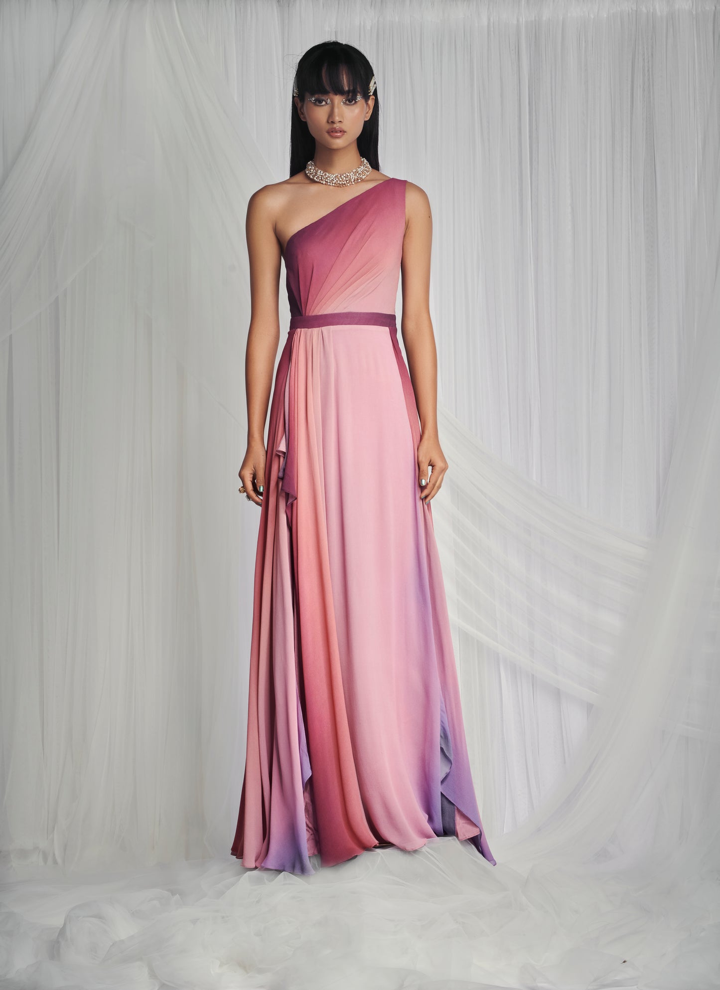 Dusk Pink Georgette Printed Draped Gown