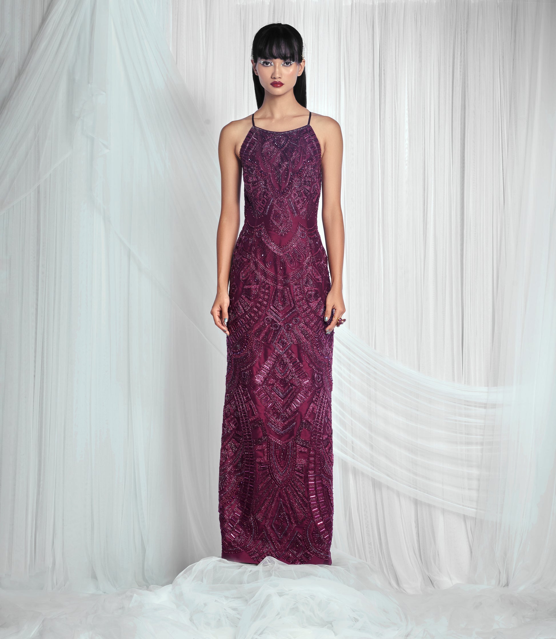 Burgundy Embroidered Paneled Gown