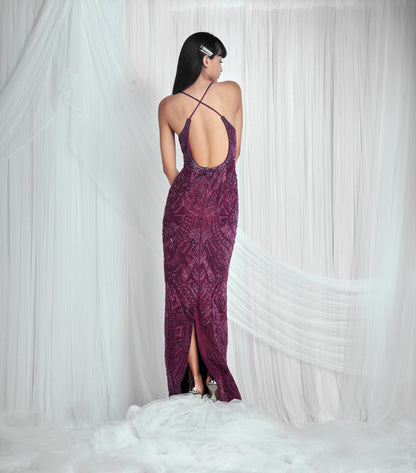 Burgundy Hand Embroidered Paneled Gown