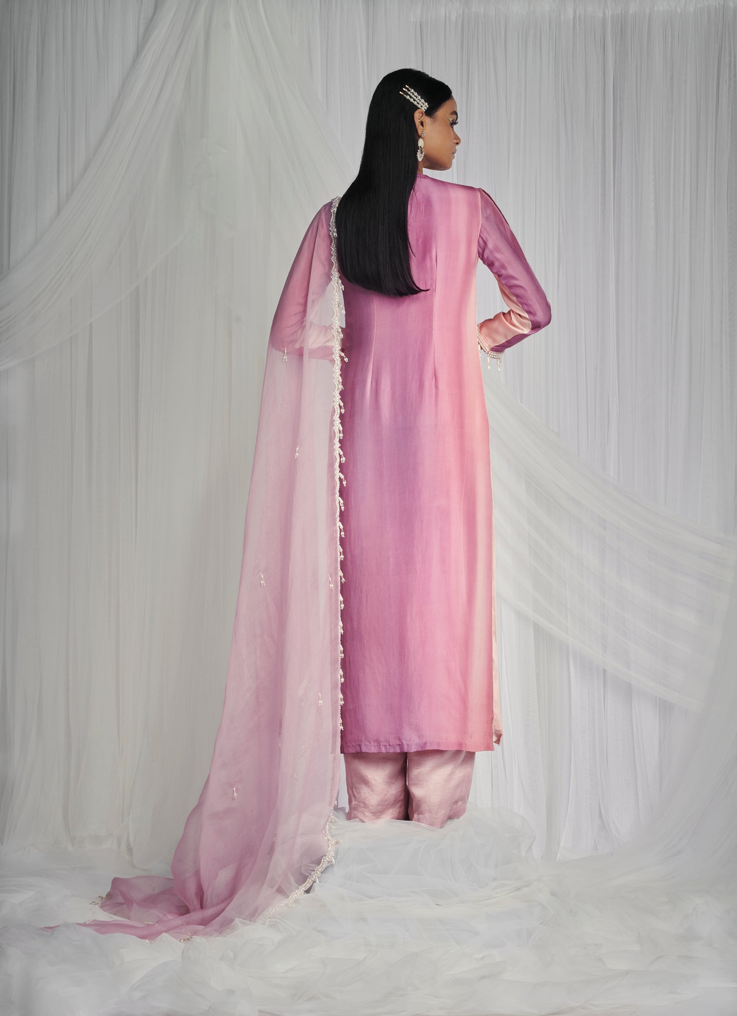 Rose Quartz Kurta Set With Pearls