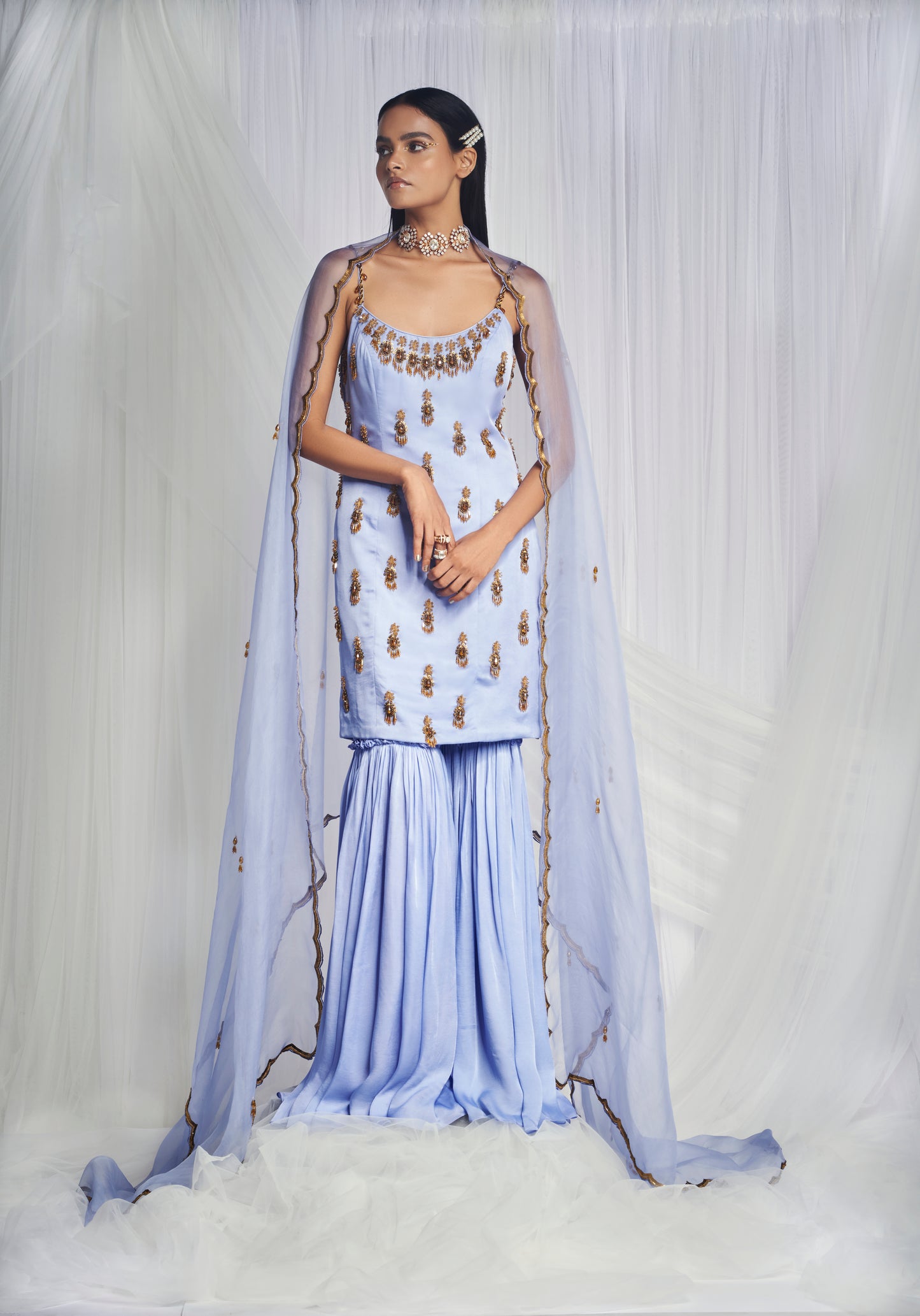 Ornate Periwinkle Silk Sharara Set