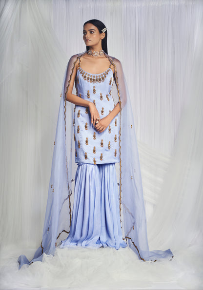 Ornate Periwinkle Silk Sharara Set