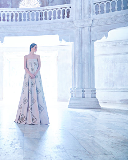 Beige Pleated Gown With Beads