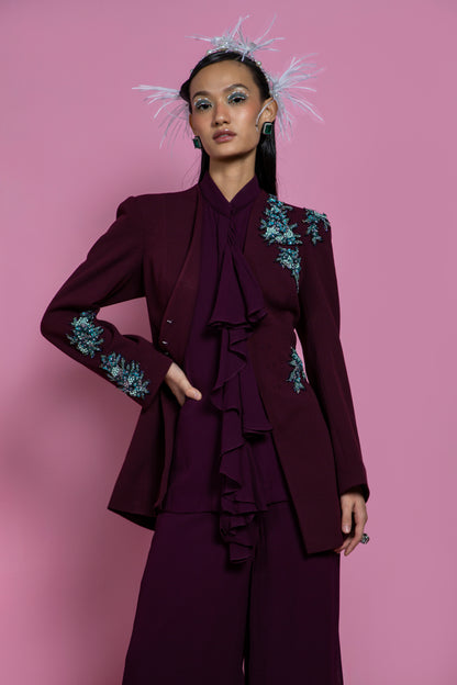 Wine Scuba Georgette Blazer Set