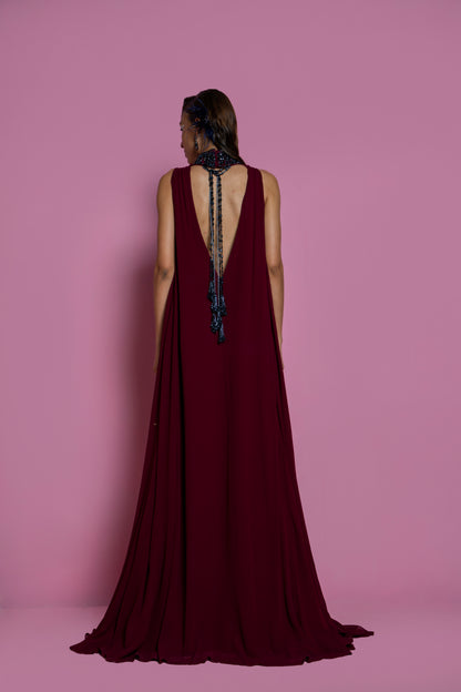 Wine Viscose Georgette Gown