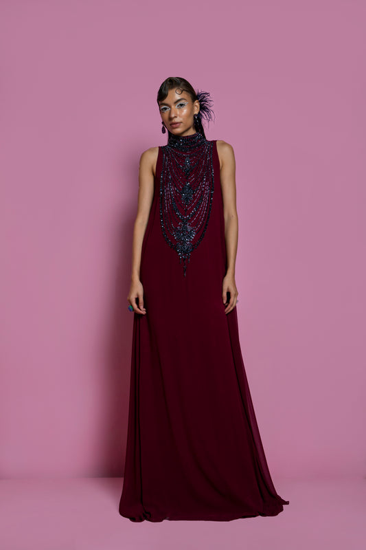 Wine Viscose Georgette Gown