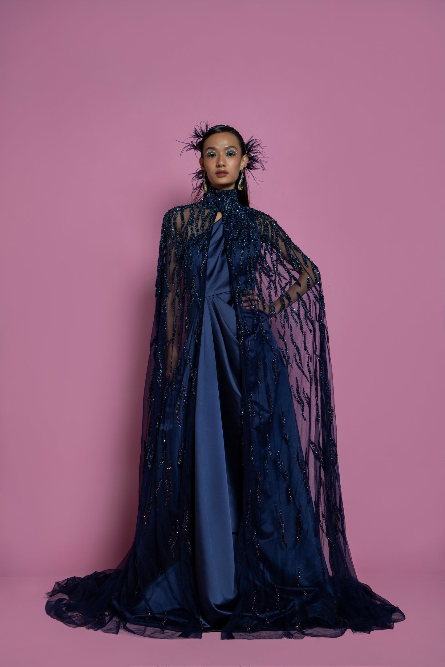 Dark Blue Satin Draped Gown With Cape