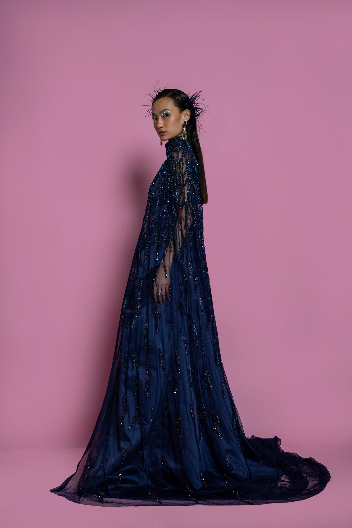 Dark Blue Satin Draped Gown With Cape