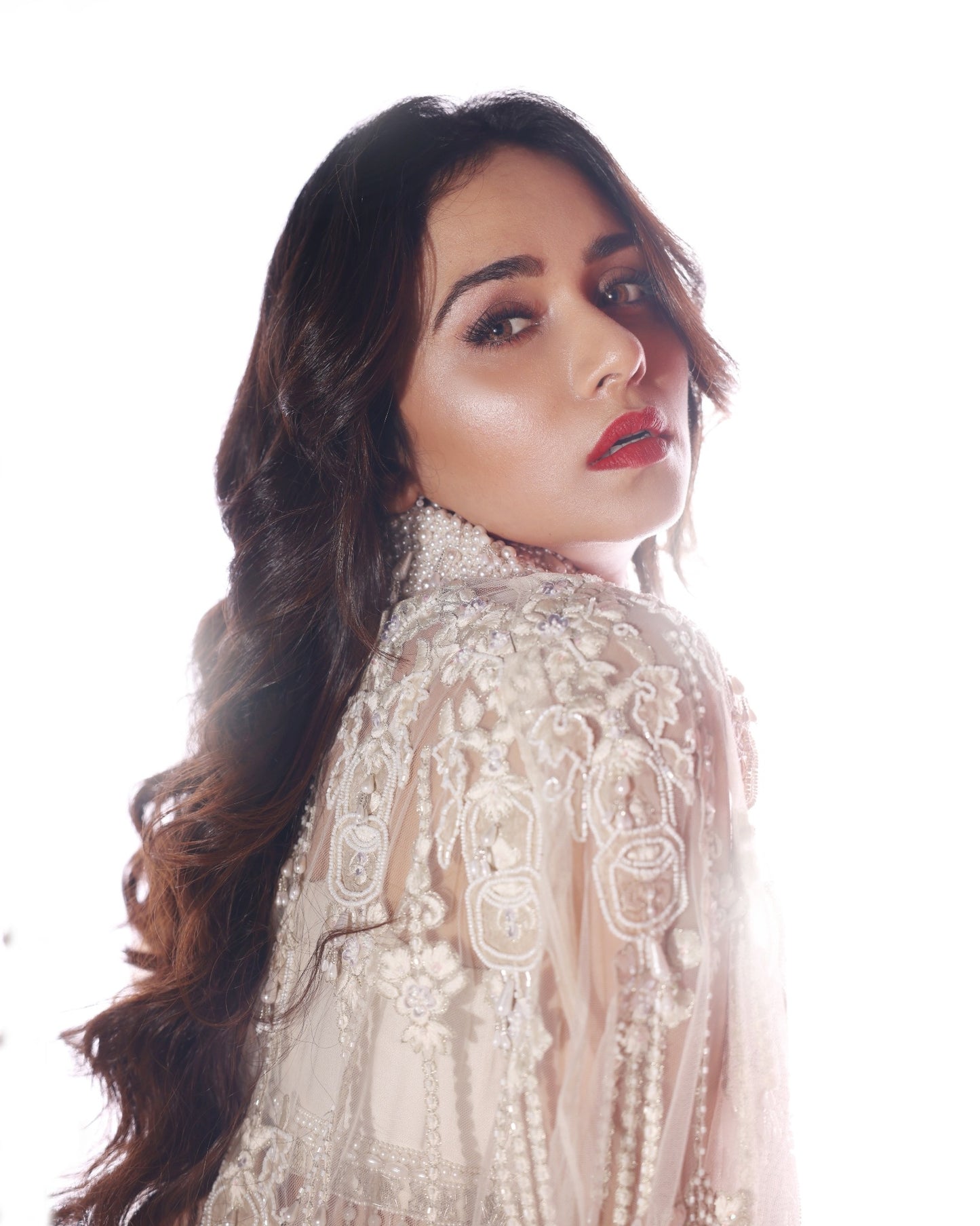 Amruta Khanvilkar in Our Ivory Opaline Cape Saree Set